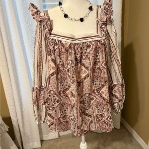Bohemian Print Blouse with Ruffle Sleeves